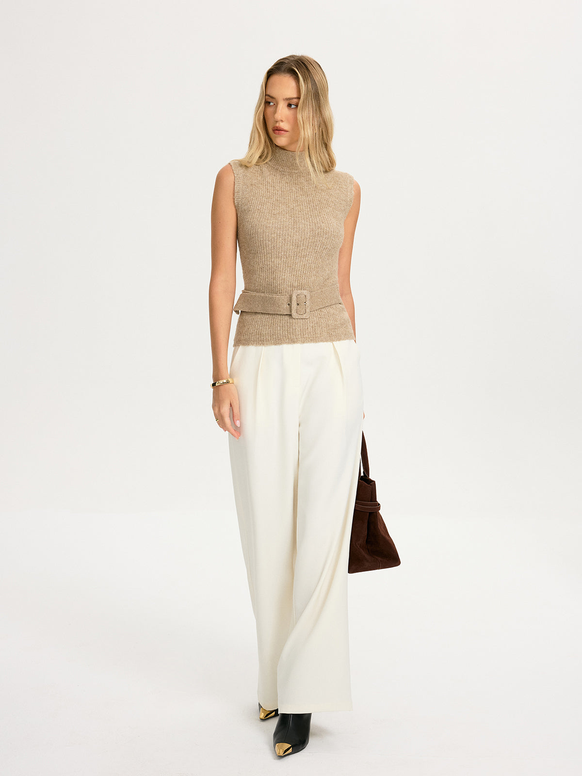 Belted Wool-Blend Sleeveless Turtleneck Knit Top