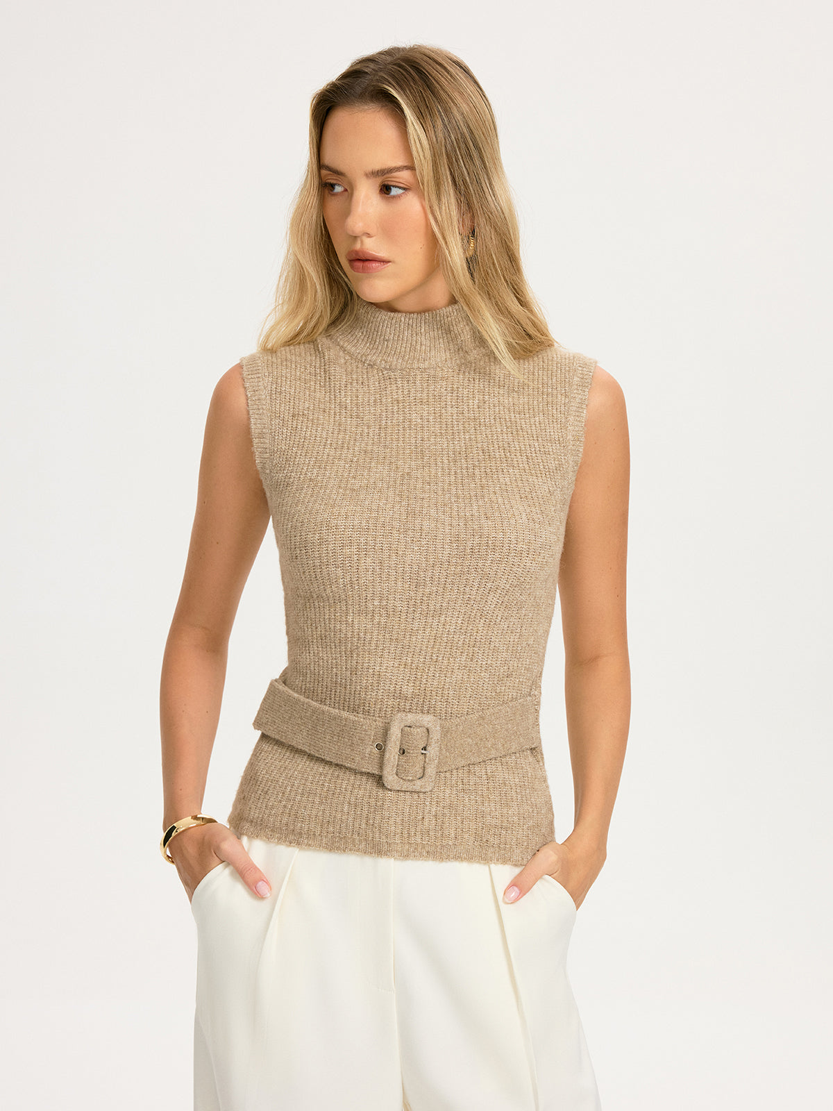Belted Wool-Blend Sleeveless Turtleneck Knit Top