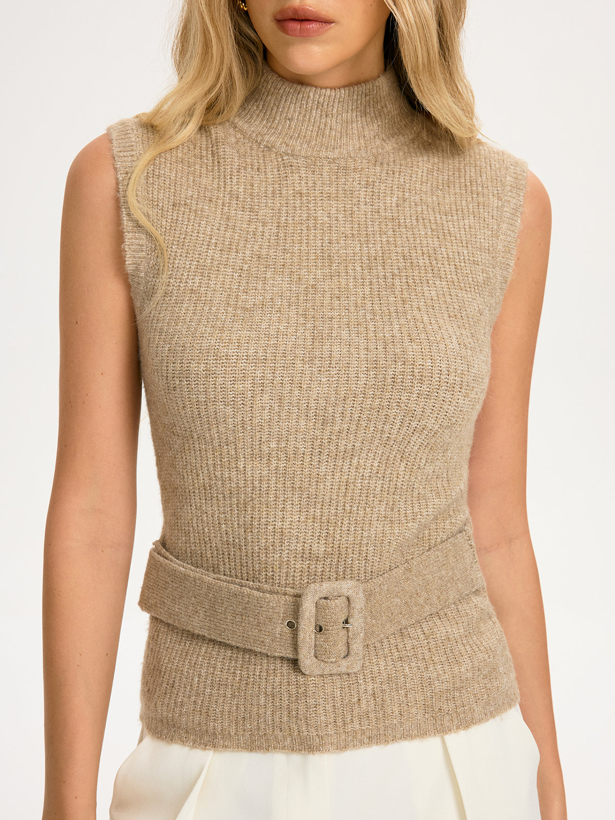 Belted Wool-Blend Sleeveless Turtleneck Knit Top