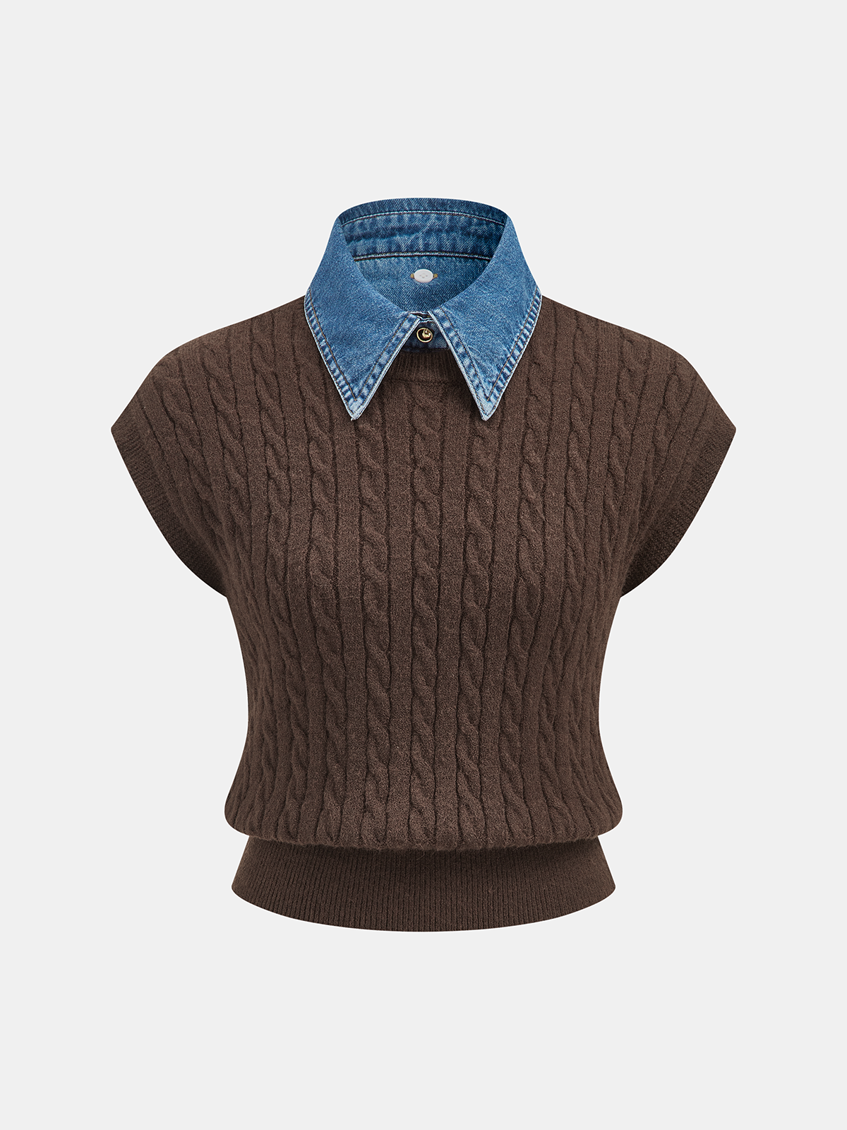 Denim Collar Cable-Knit Sleeveless Vest