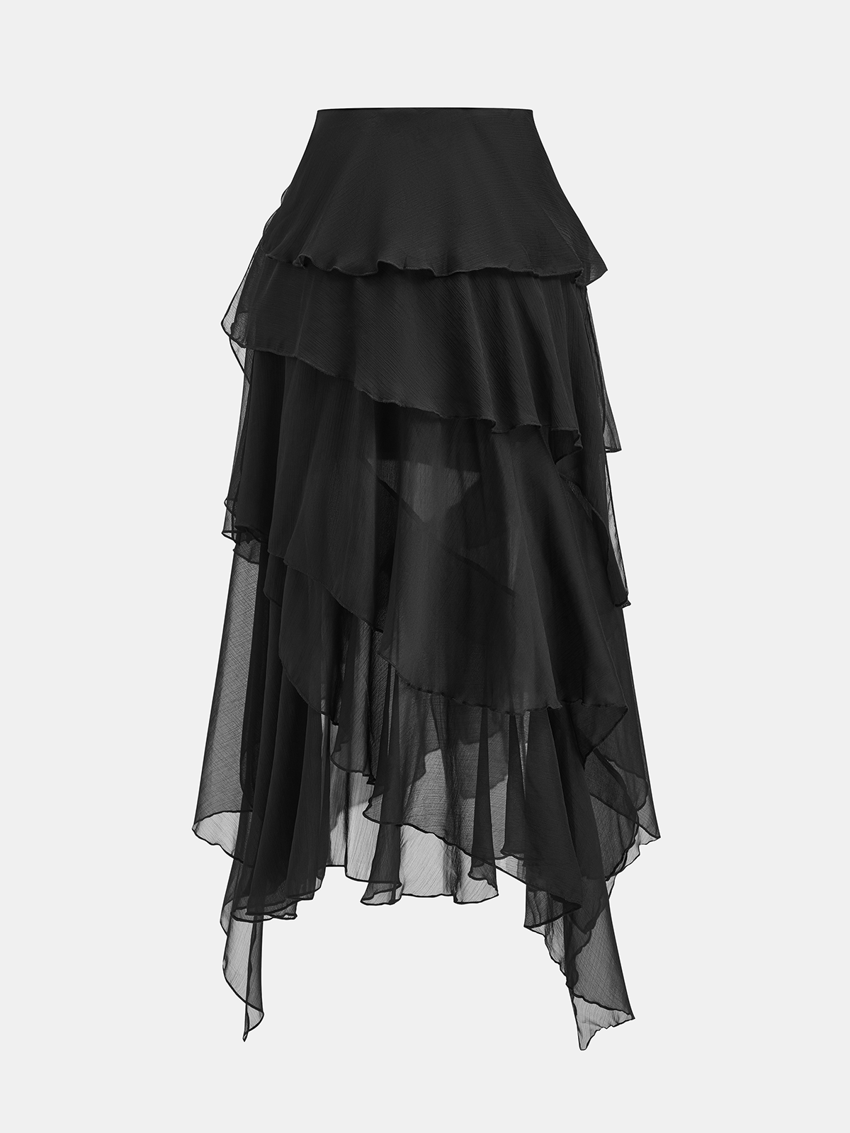 Asymmetrischer Midirock mit mehreren Lagen aus transparentem Stoff