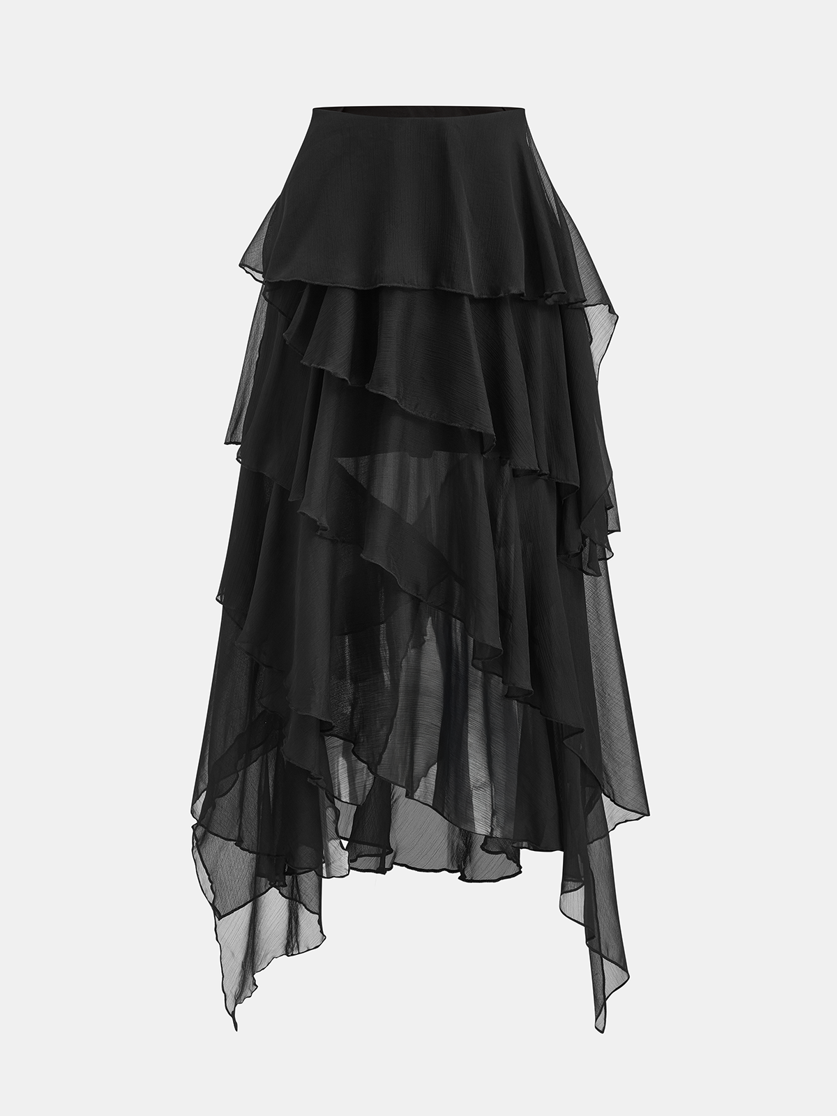 Asymmetrischer Midirock mit mehreren Lagen aus transparentem Stoff