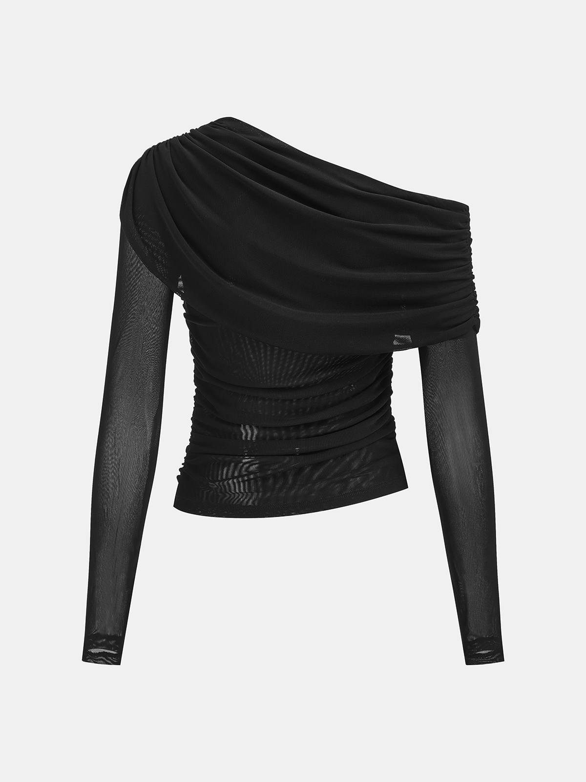 Semi-Sheer Mesh Off-Shoulder Ruched Top