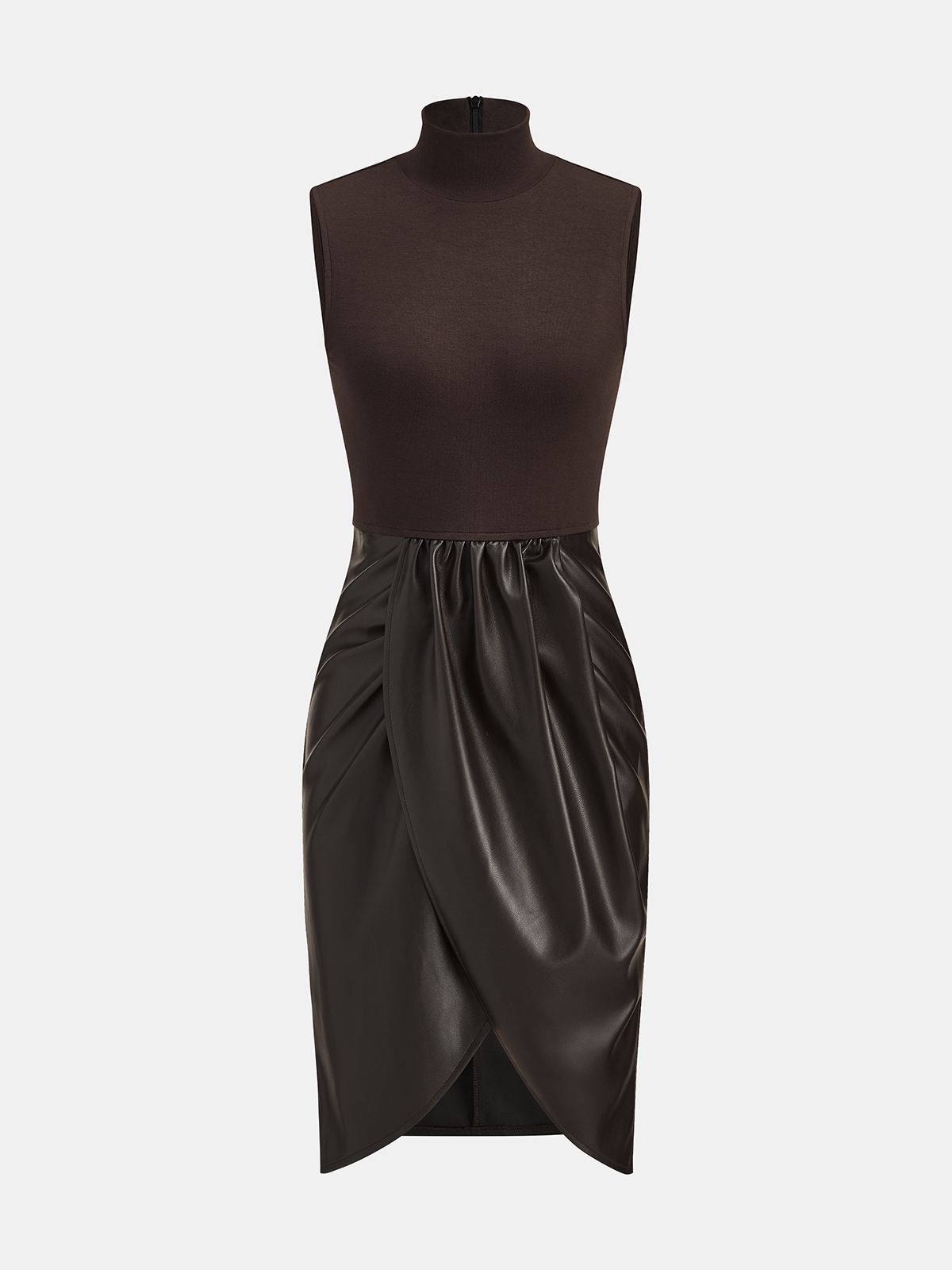 Ruched Faux Leather Panel Sleeveless Dress