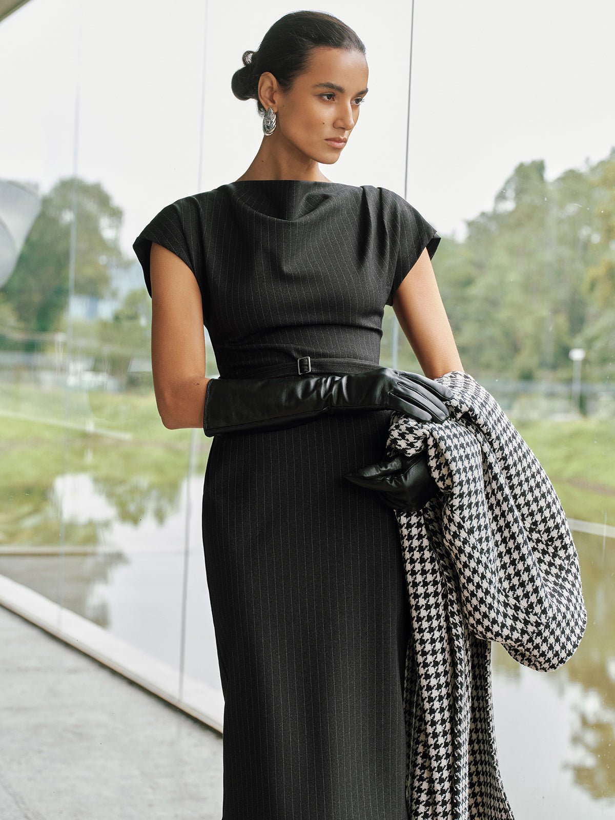 Pinstripe Cap-Sleeve Belted Maxi Dress