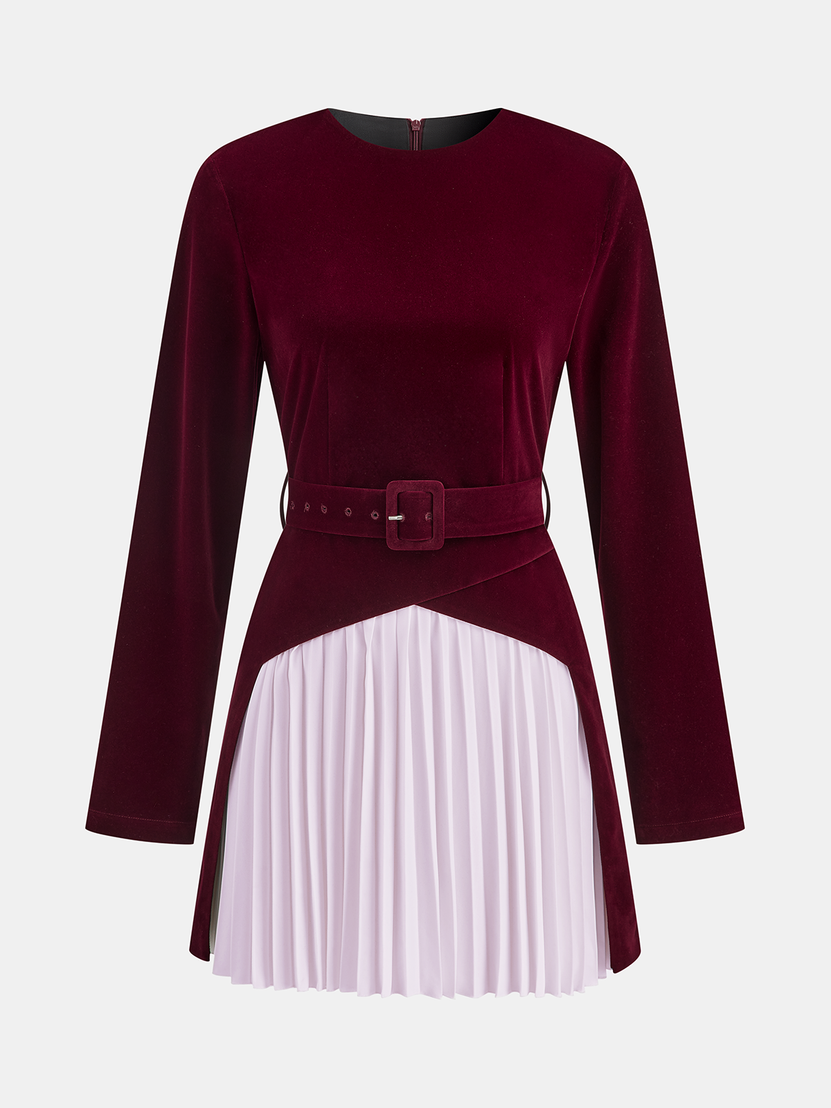 Pleated Panel Velvet Mini Dress with Belt