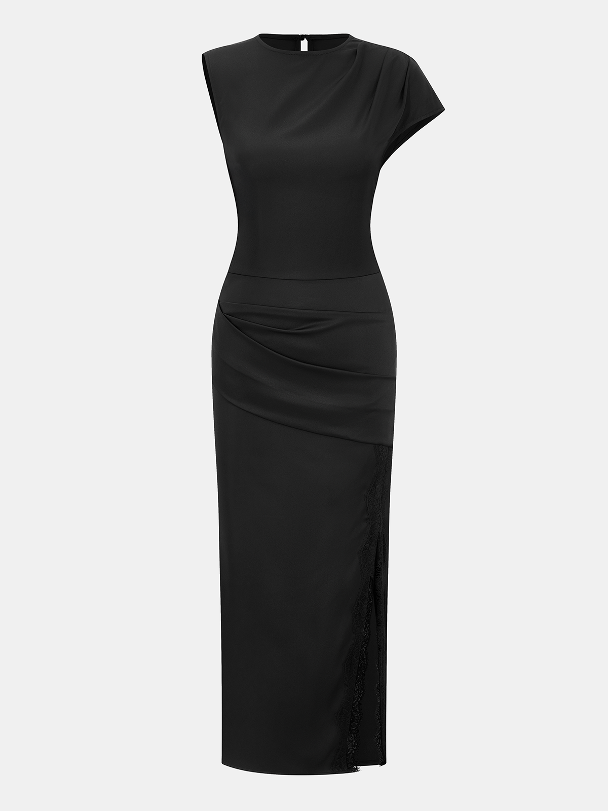Lace Trim Ruched Slit Satin Midi Dress