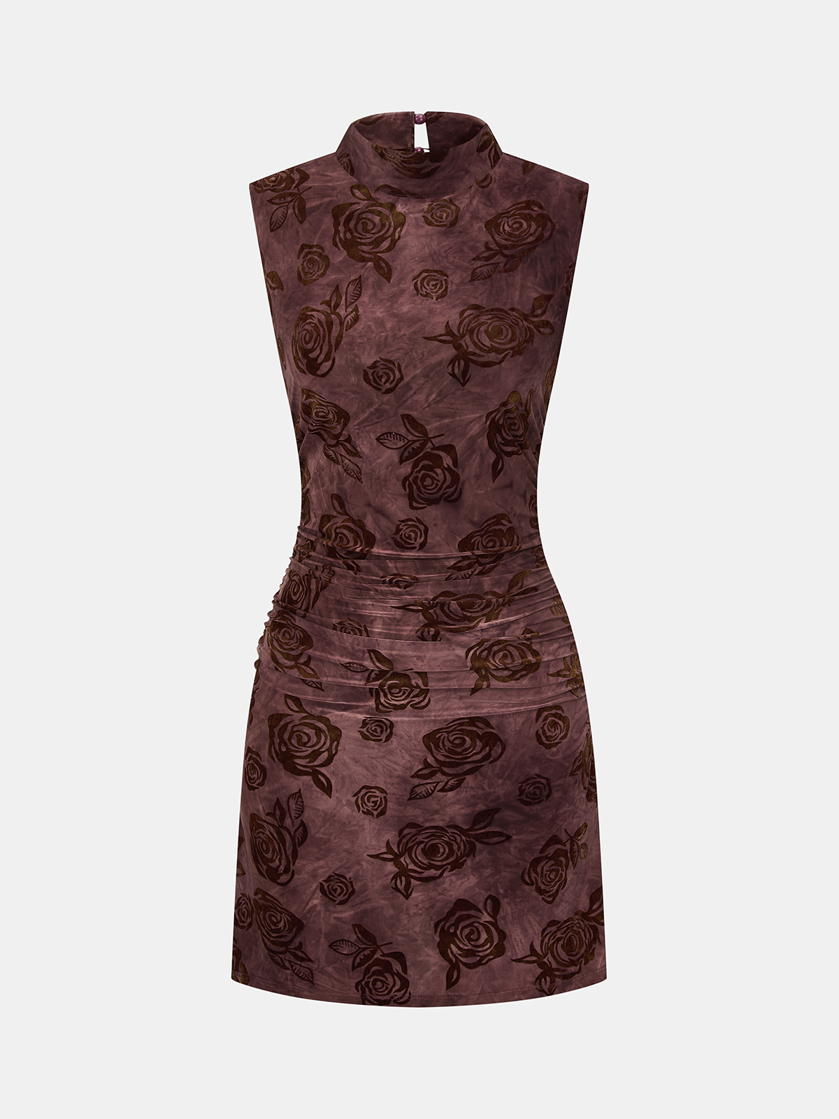 Flocked Rose-Print Ruched Sleeveless Mini Dress