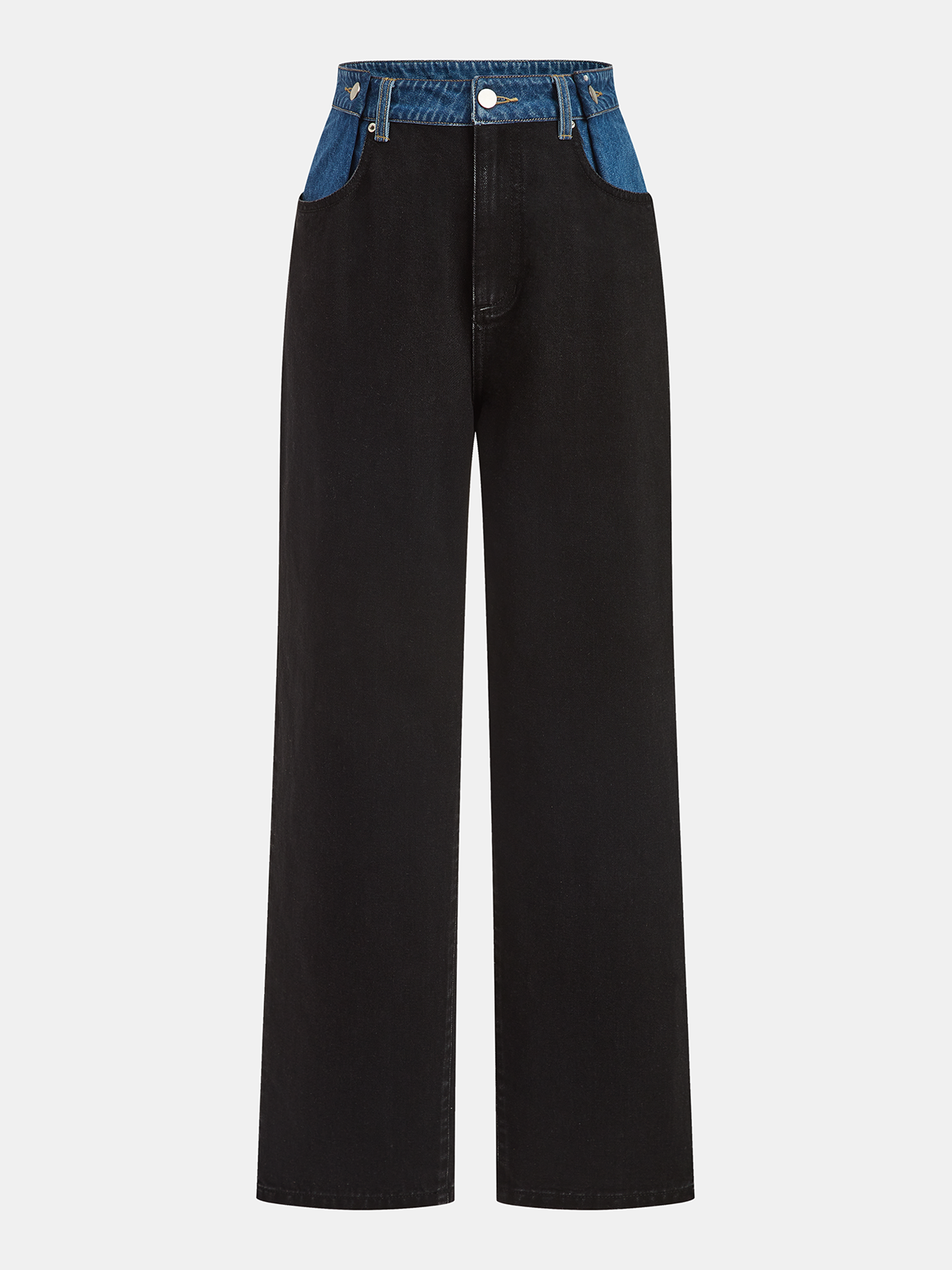 Contrast Waistband Straight-Leg Jeans