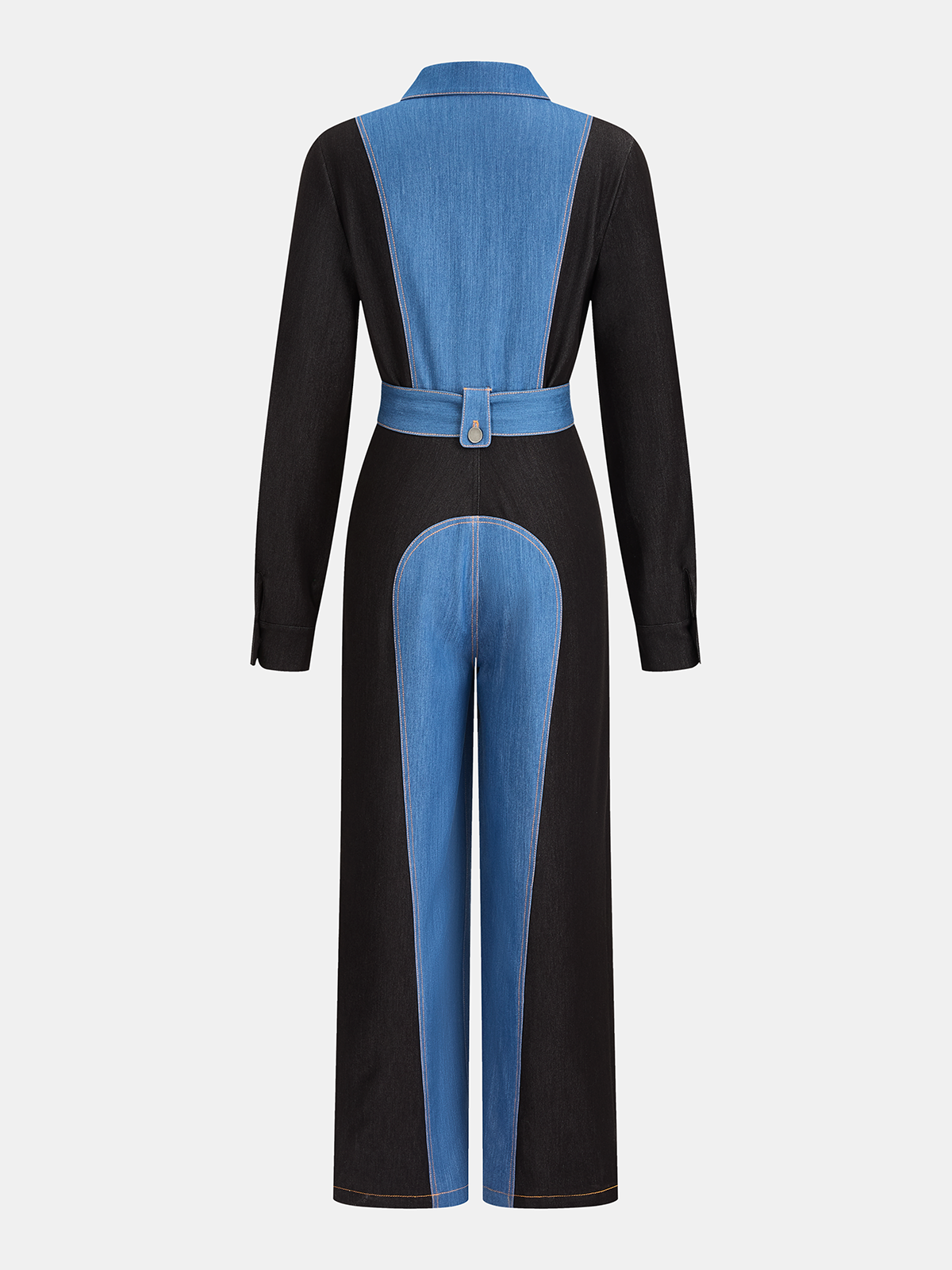 Belted Zipper Front Two-Tone Denim Jumpsuit
