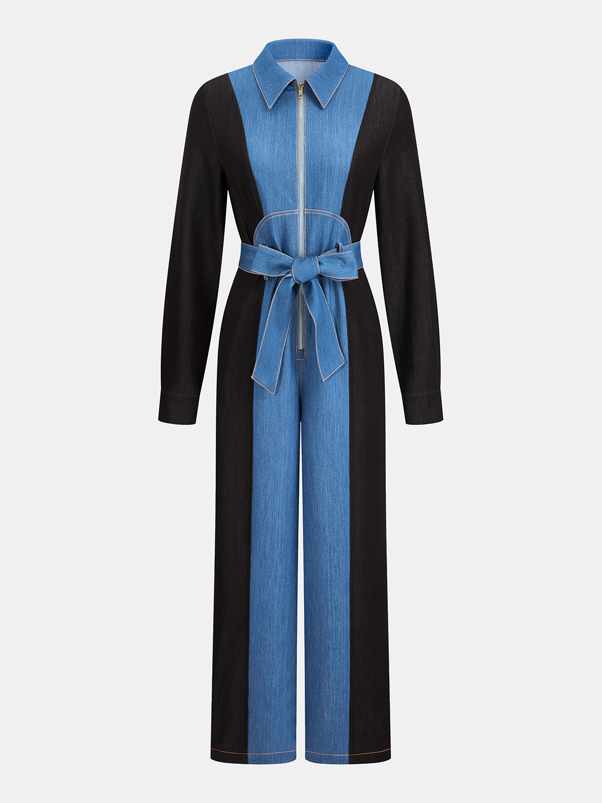 Belted Zipper Front Two-Tone Denim Jumpsuit
