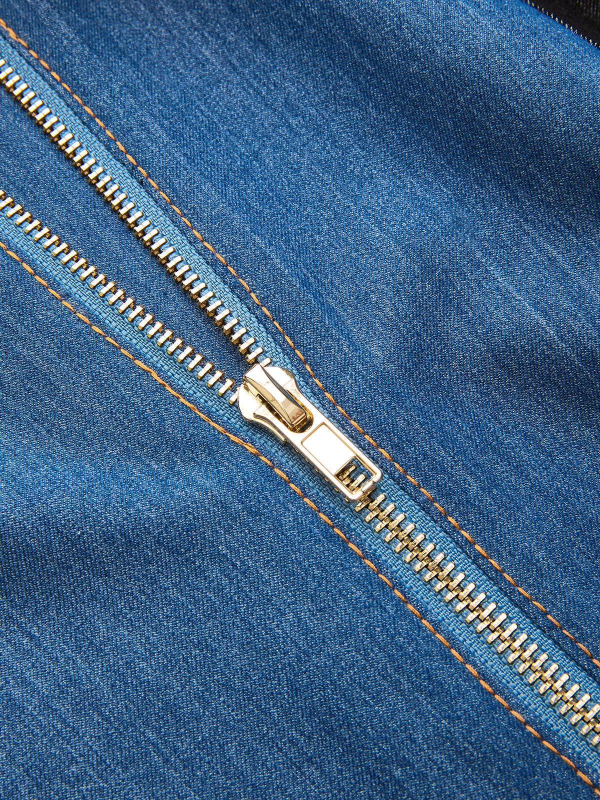 Belted Zipper Front Two-Tone Denim Jumpsuit