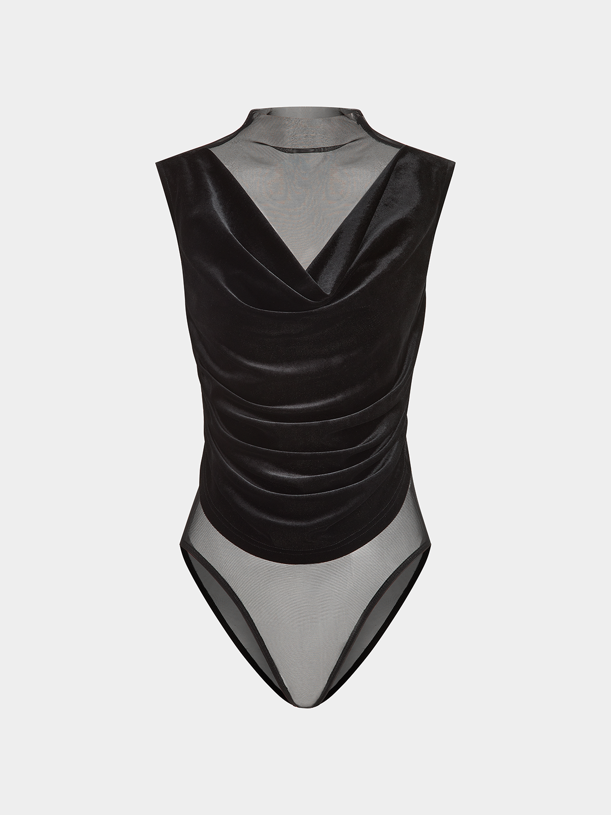 Sheer Mesh Panel Velvet Ruched Bodysuit