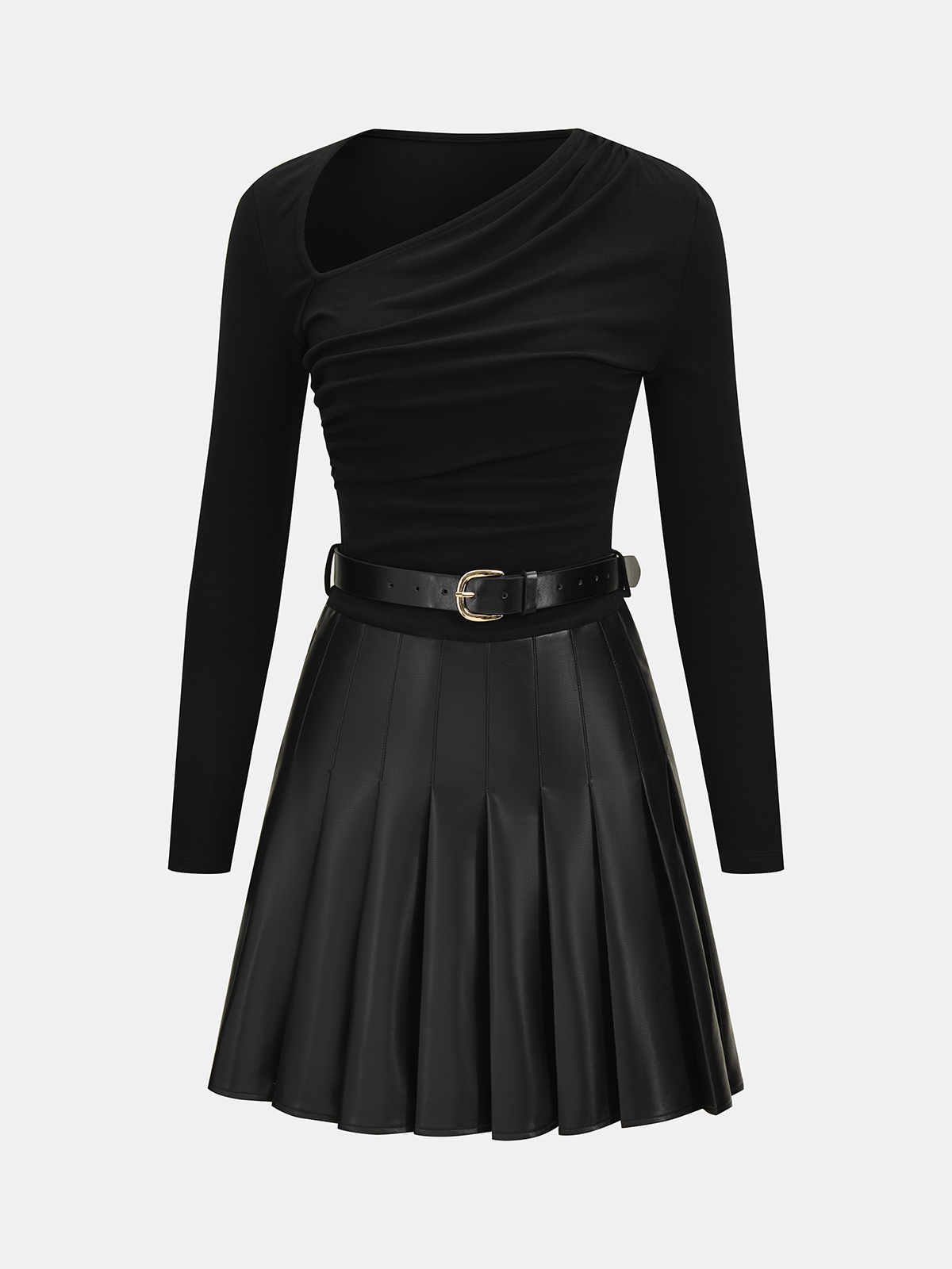 Pleated Faux Leather Panel Asymmetric Ruched Mini Dress