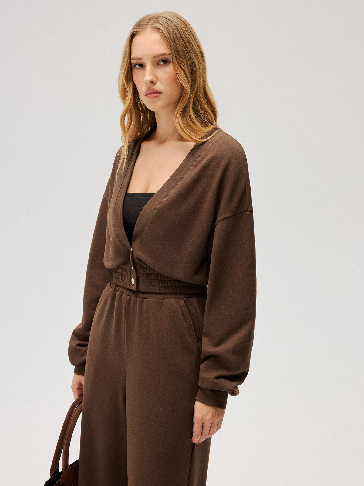 Elastic-Waist Button-Front Cropped Sweatshirt