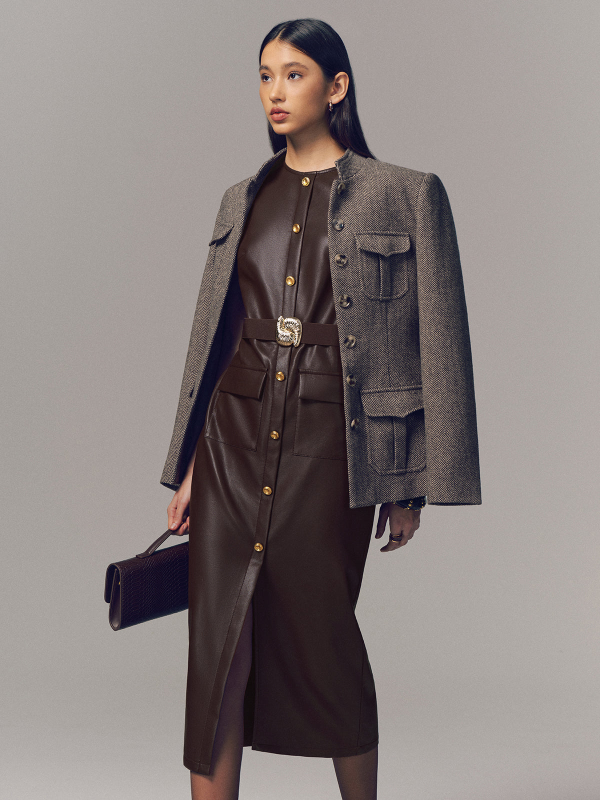 Belted Metal Button Faux Leather Sleeveless Maxi Dress