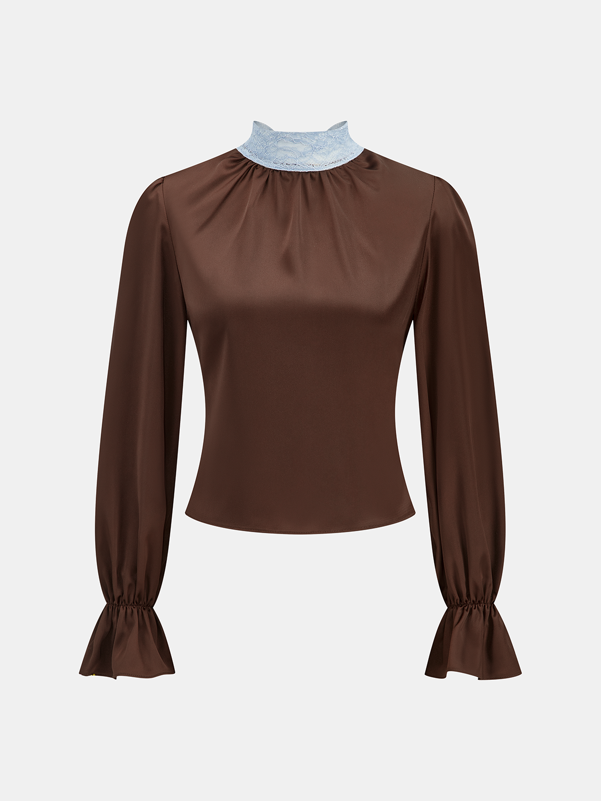 Flared Cuff Lace-Neck Satin Blouse