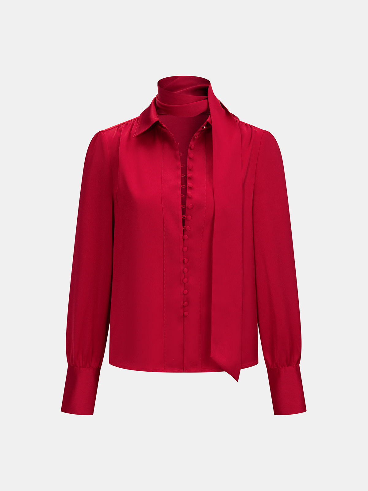 Satin Tie Neck Button Front Long Sleeve Blouse