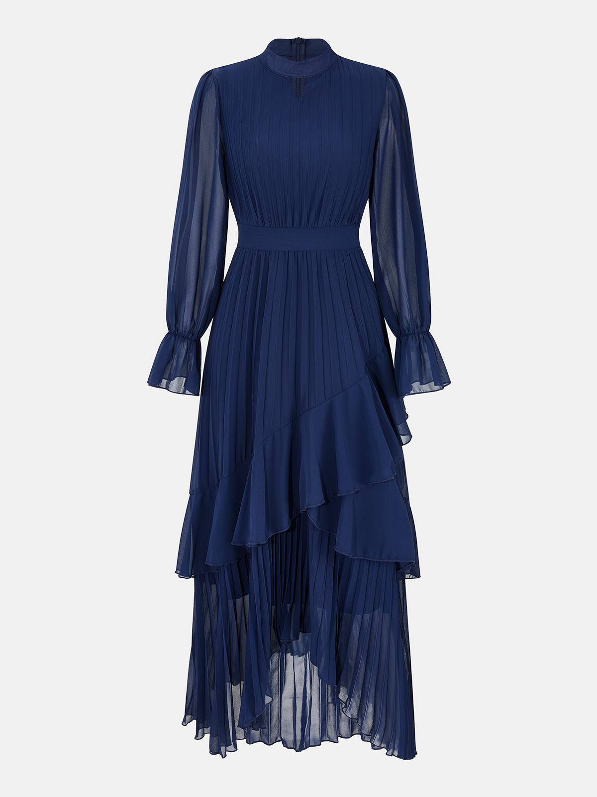 Semi-Sheer Pleated Chiffon Ruffle Maxi Dress