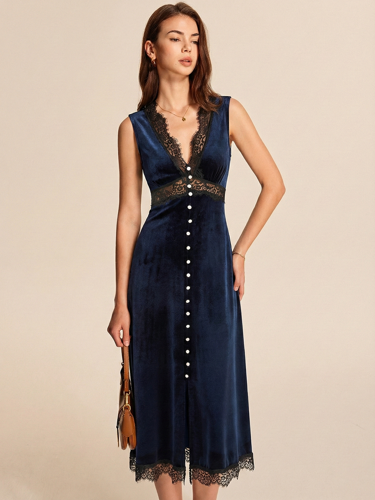 Midikleid aus Samt mit V-Ausschnitt und Spitzeneinsatz