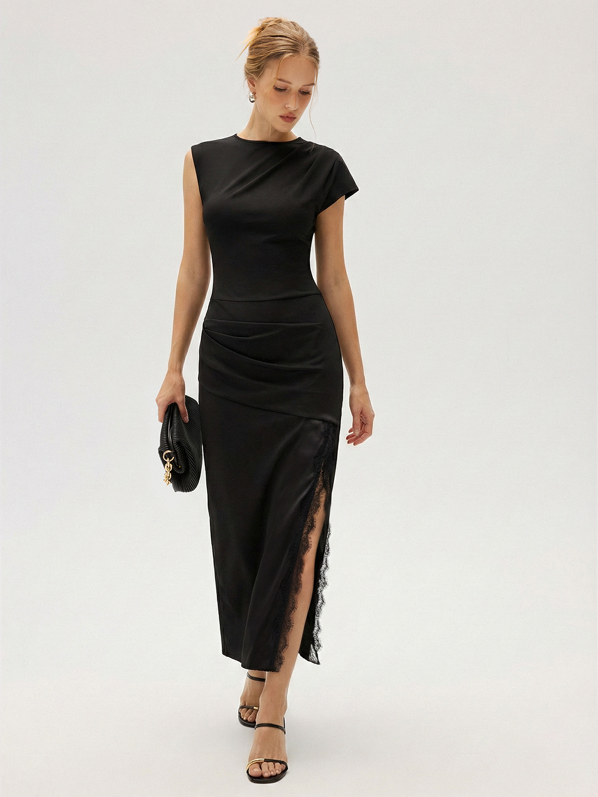 Lace Trim Ruched Slit Satin Midi Dress
