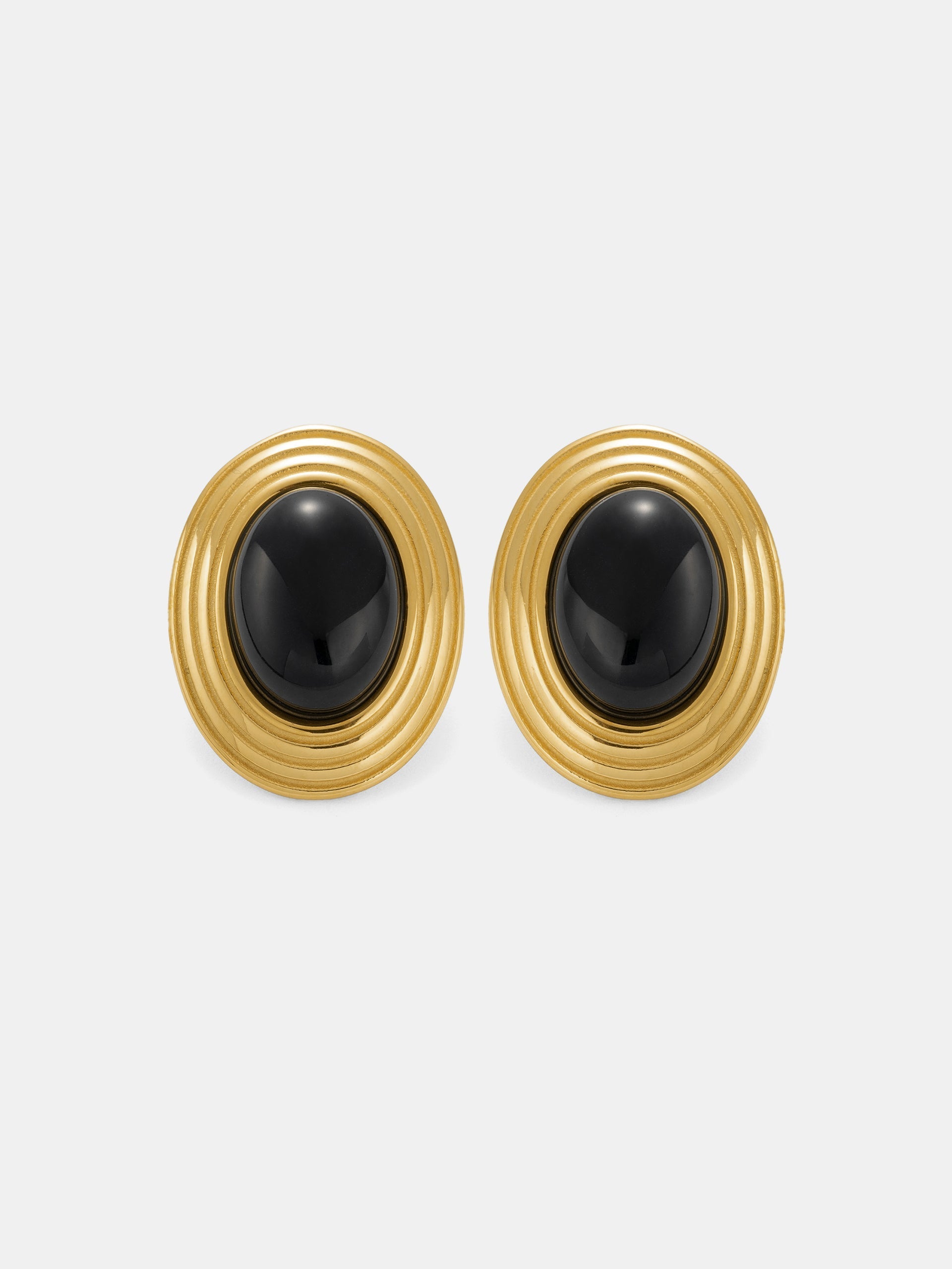 Textured Frame Black Oval Stone Stud Earrings