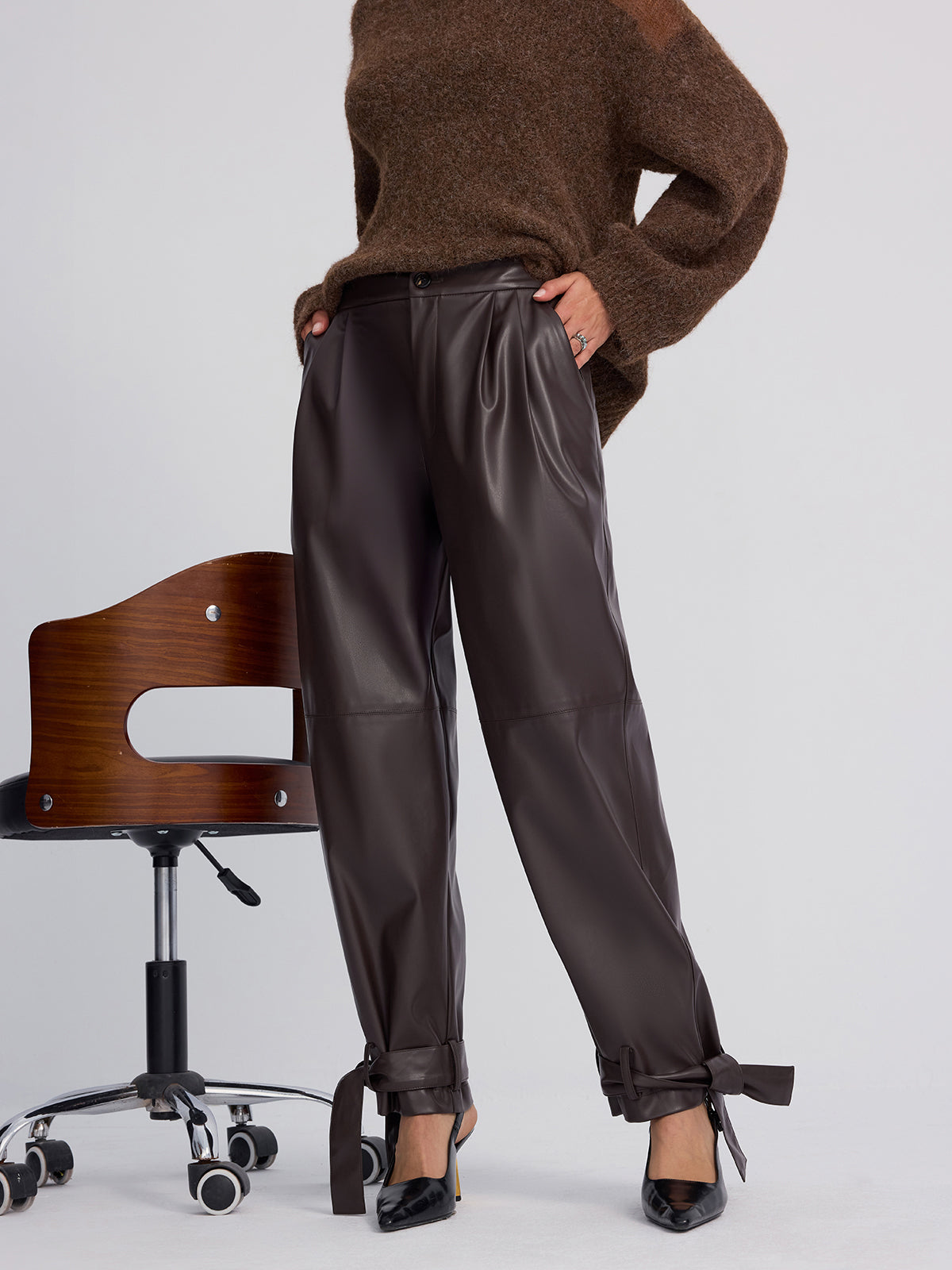 Cuff-Tie Faux Leather Tapered Pants