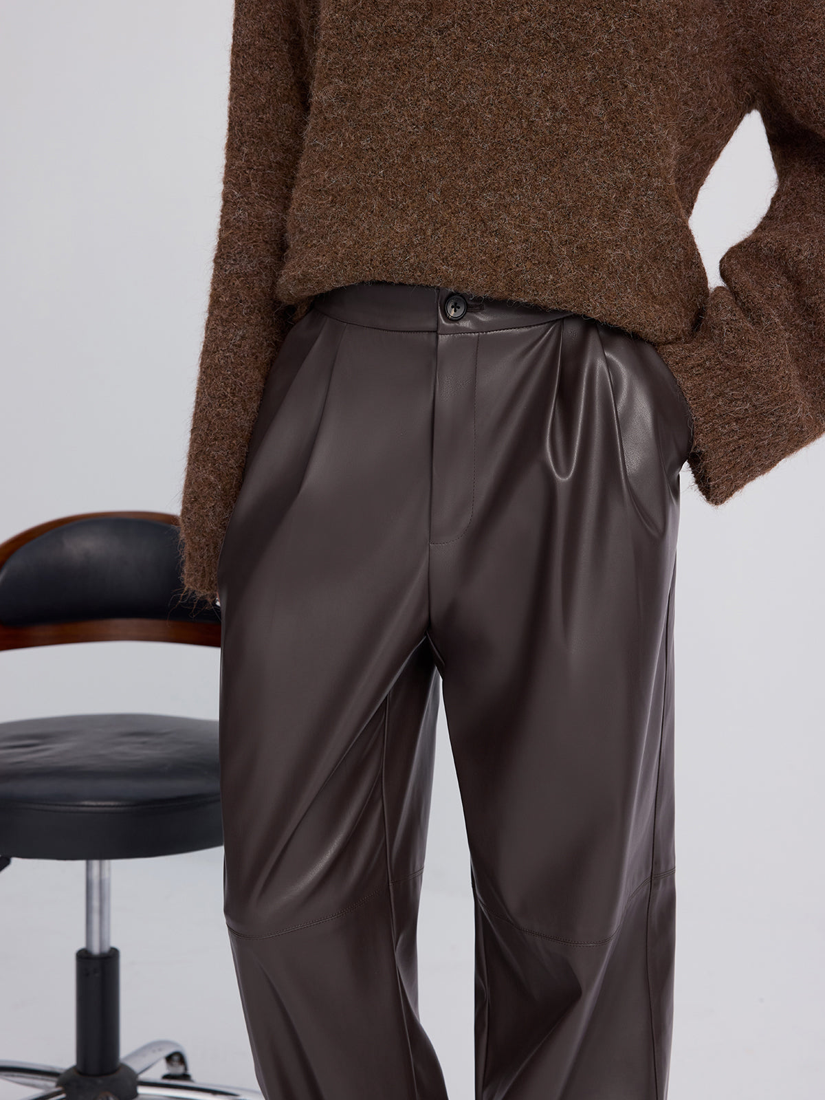 Cuff-Tie Faux Leather Tapered Pants