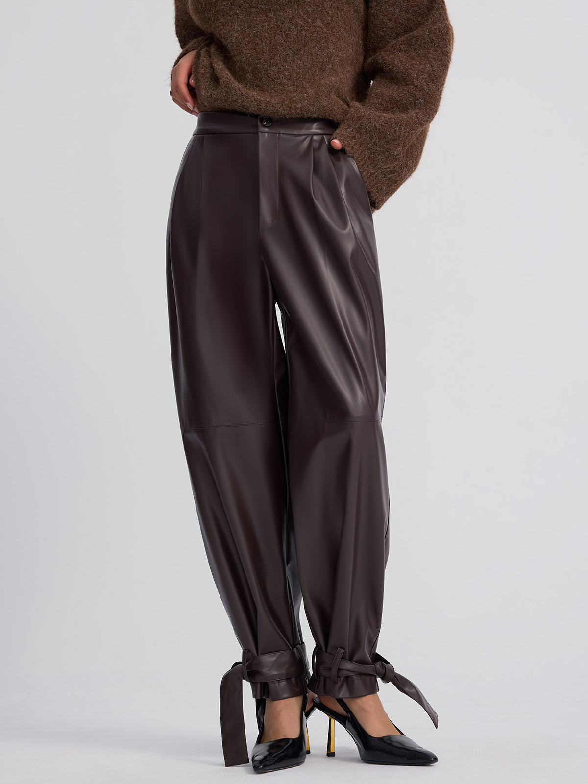Cuff-Tie Faux Leather Tapered Pants