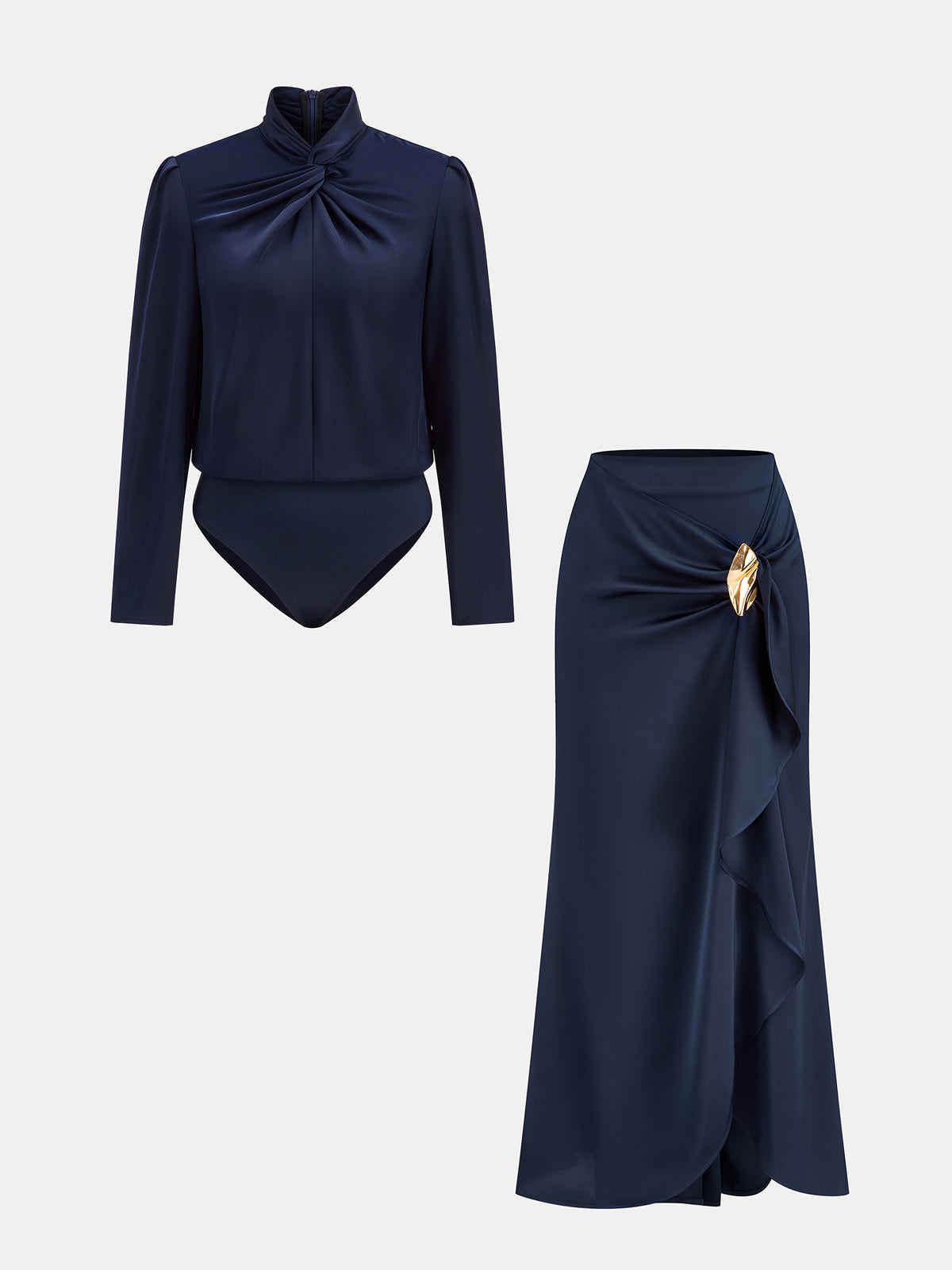 Twisted Satin Bodysuit & Ruffle Maxi Skirt Set