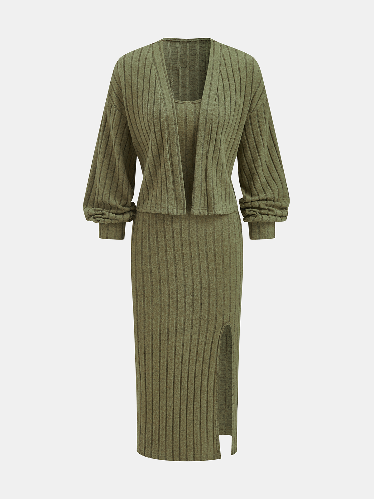 Cardigan & Slit Cami Midi Dress Two-Piece Set
