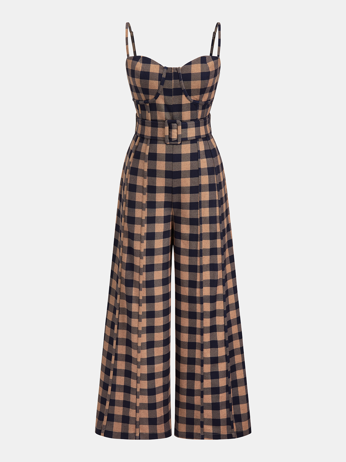 Karierter Jumpsuit mit weitem Bein, Camisole und Gürtel