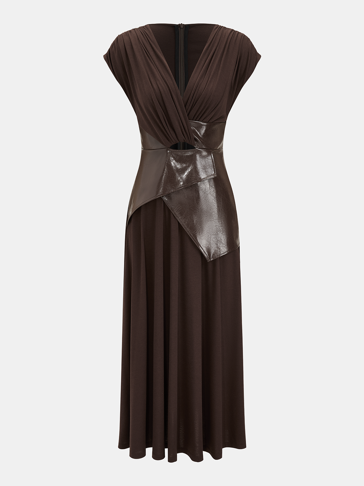 Faux Leather Panel Ruched Sleeveless Midi Dress