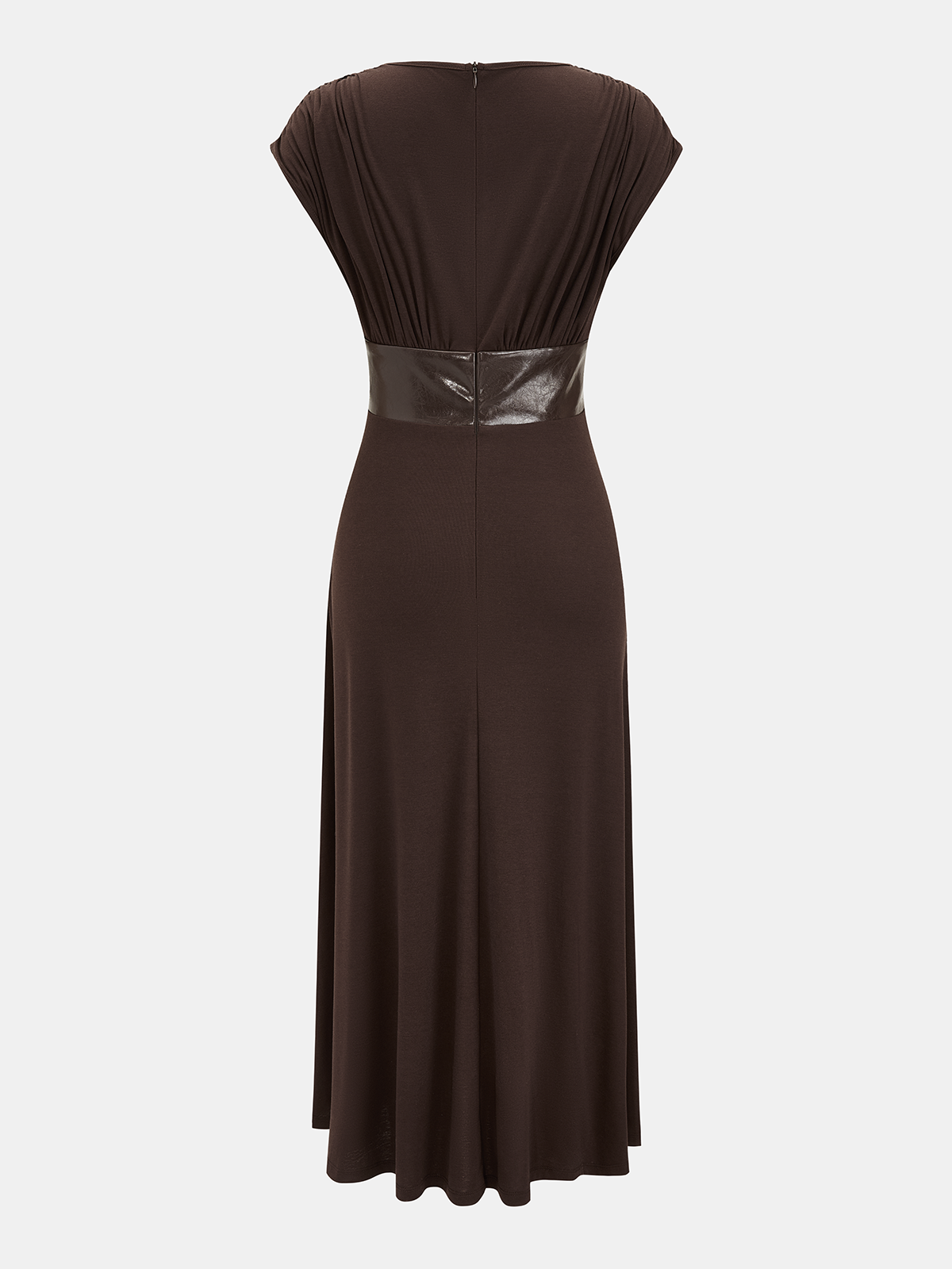 Faux Leather Panel Ruched Sleeveless Midi Dress