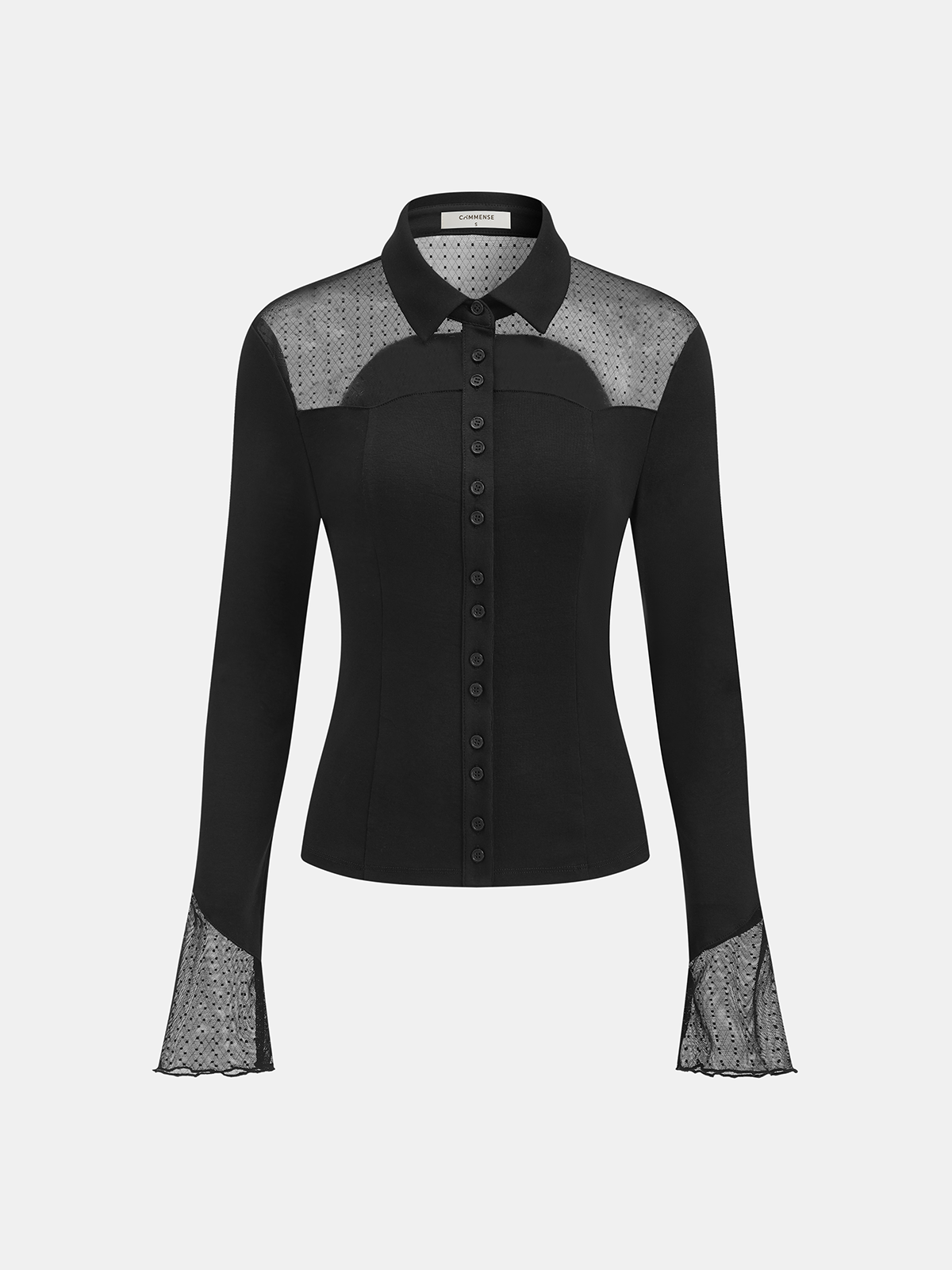 Sheer Polka-Dot Panel Button-Front Shirt