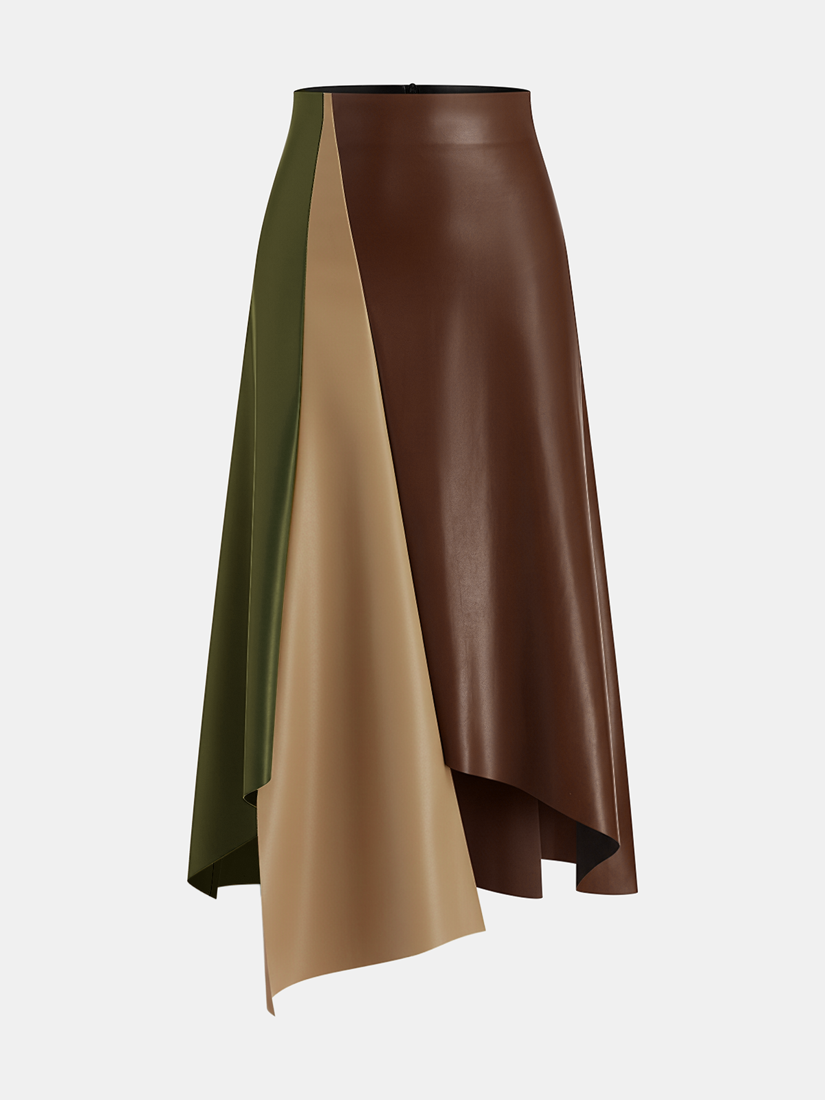 Color Block Asymmetric Faux Leather Midi Skirt