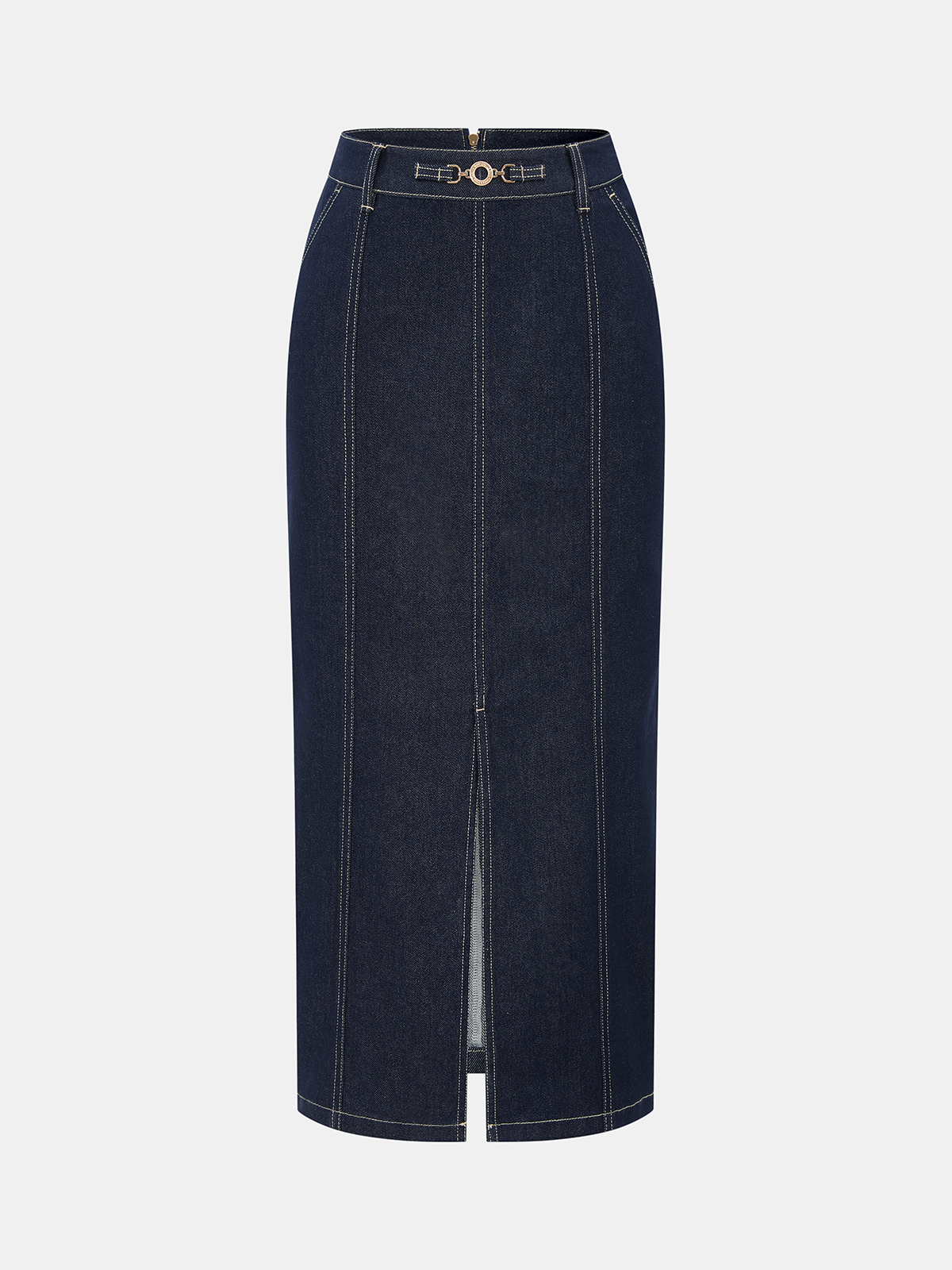 Denim Mid-Waist Split Midi Skirt