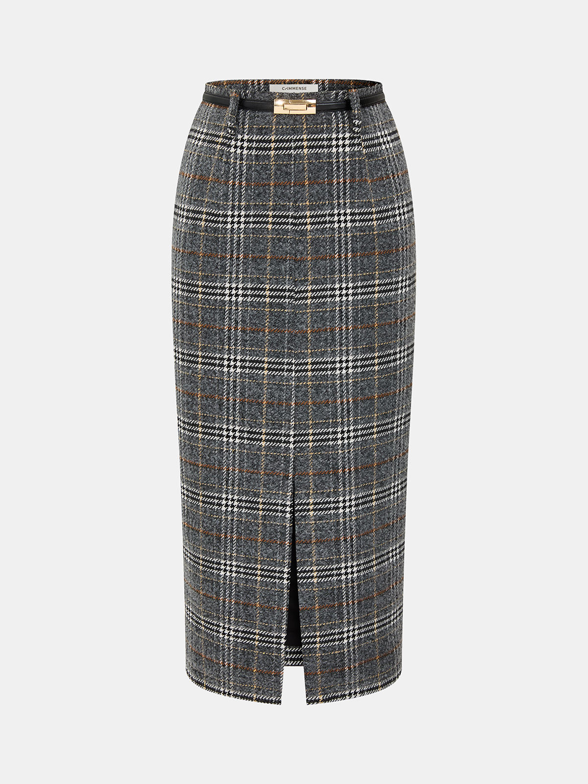 Belted Tweed Plaid Midi Skirt