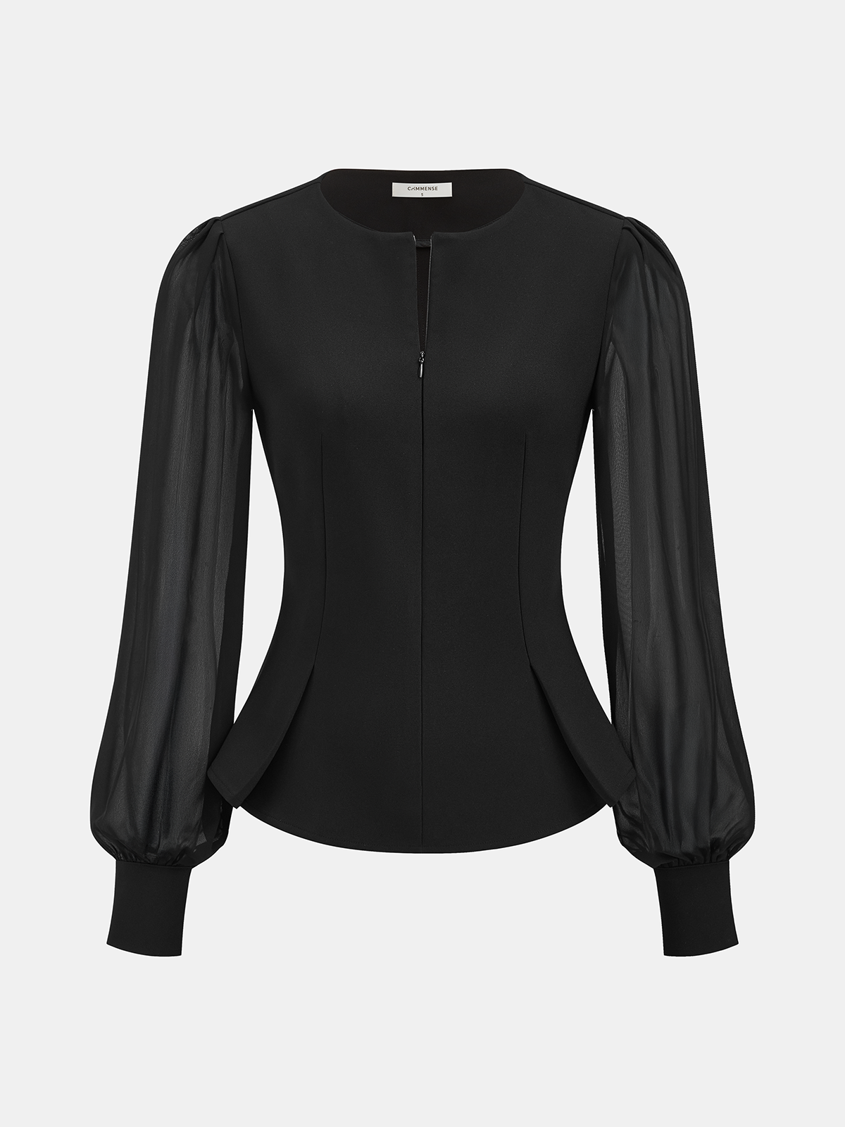 Sheer Sleeve Peplum Zipper Keyhole Neck Blouse