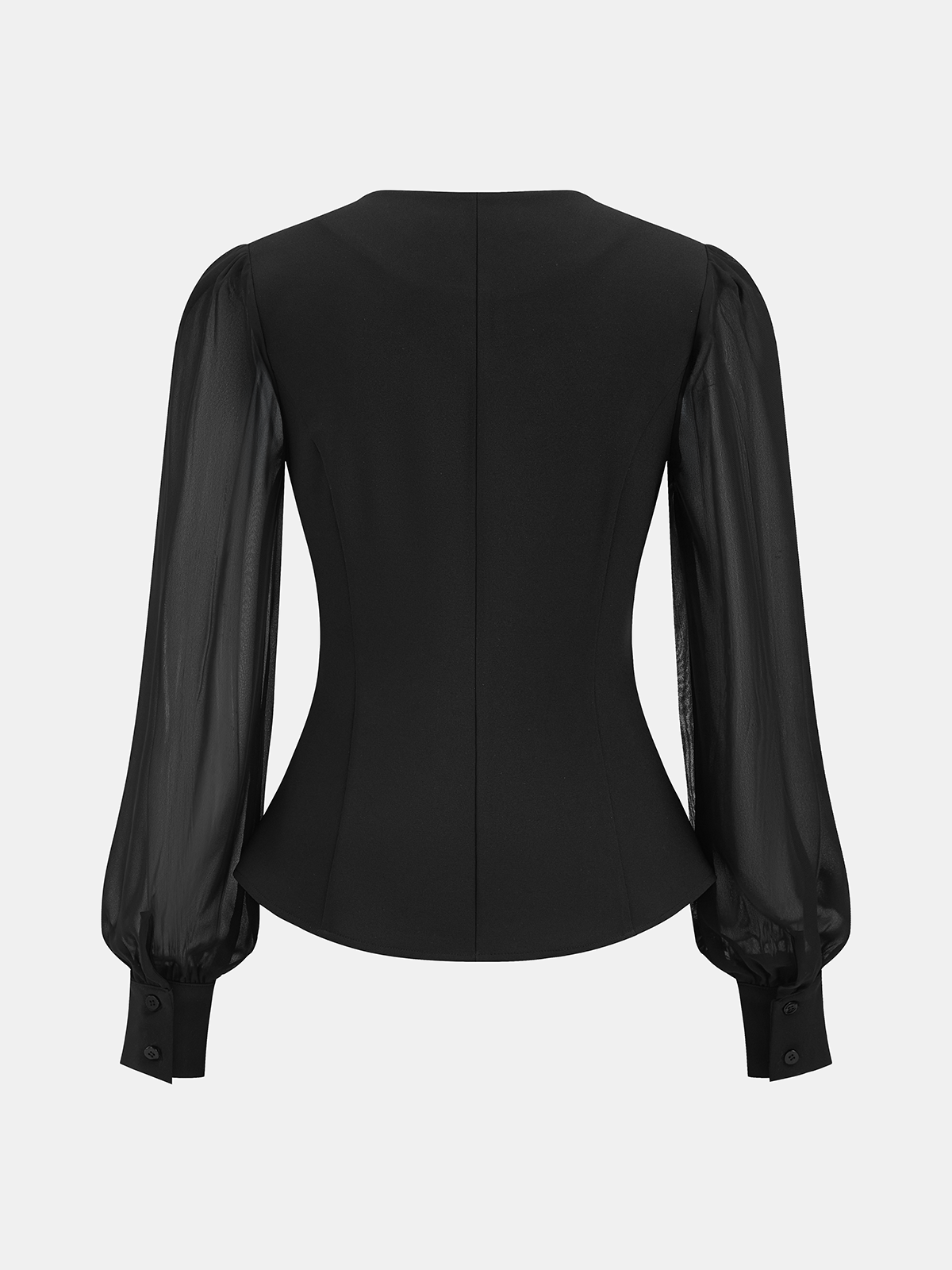 Sheer Sleeve Peplum Zipper Keyhole Neck Blouse