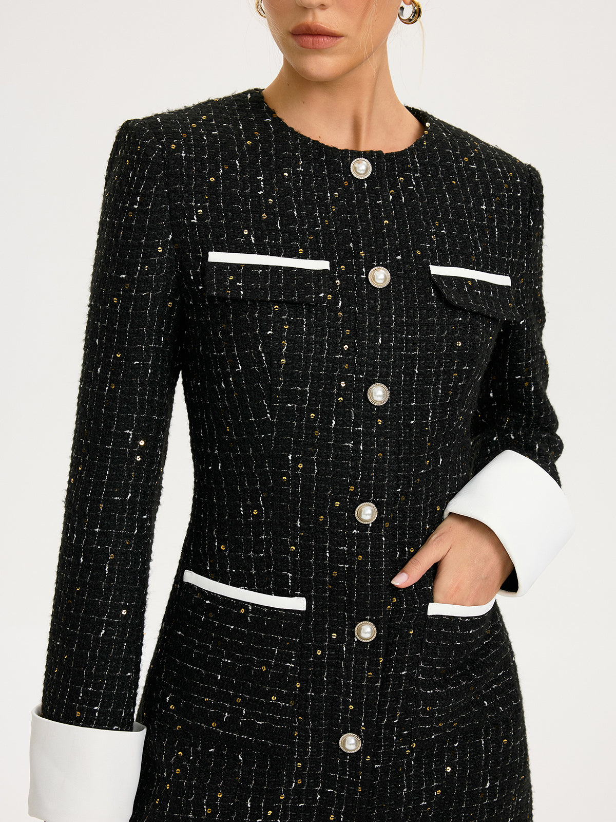 Contrast Cuff Tweed Mini Dress