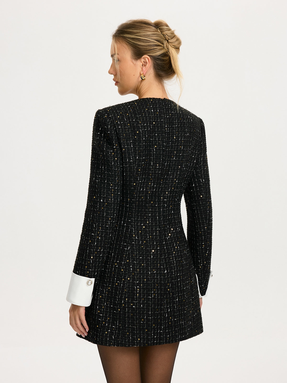 Tweed-Minikleid mit Kontrastmanschetten