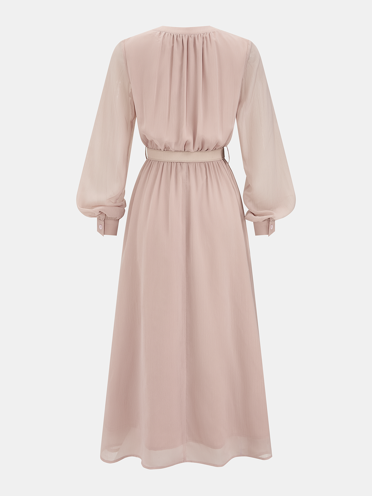 Lantern Sleeve Belted Chiffon Maxi Dress