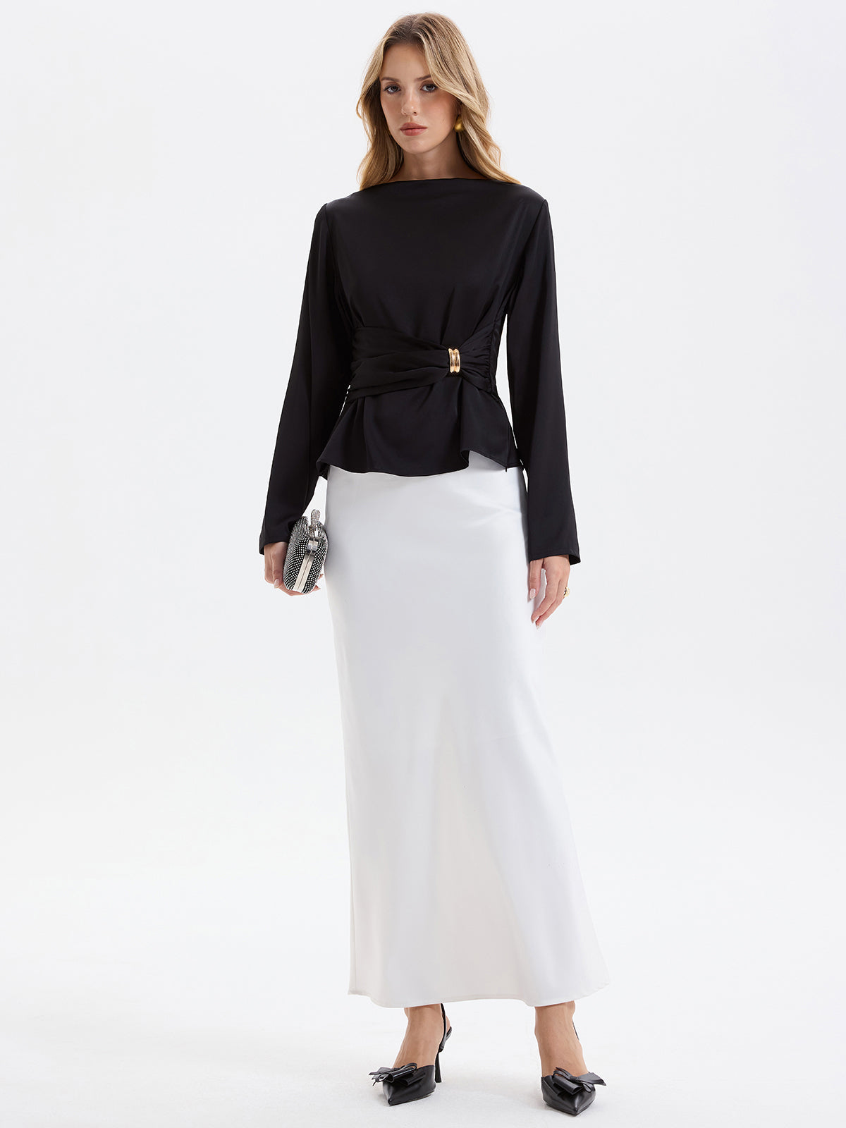 Metal Detail Ruched Waist Satin Blouse