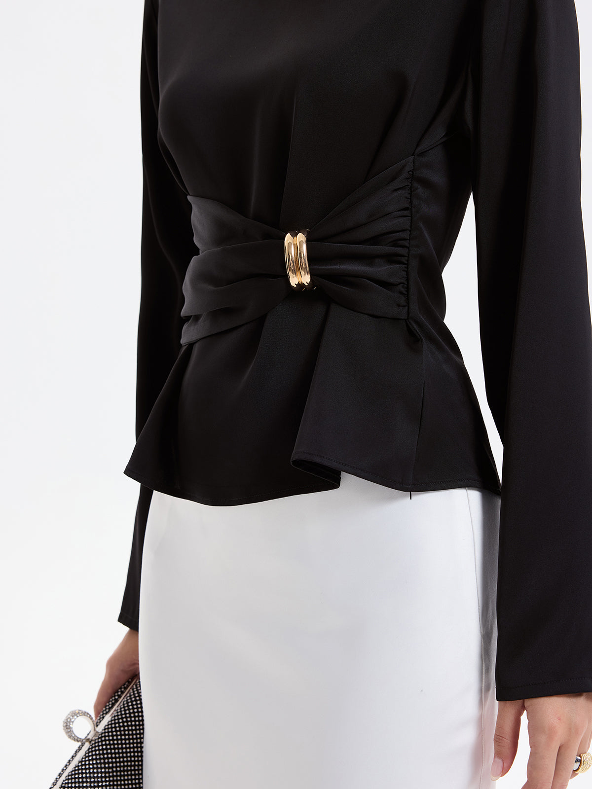Metal Detail Ruched Waist Satin Blouse