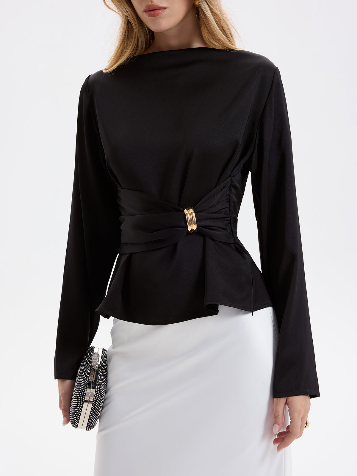 Metal Detail Ruched Waist Satin Blouse