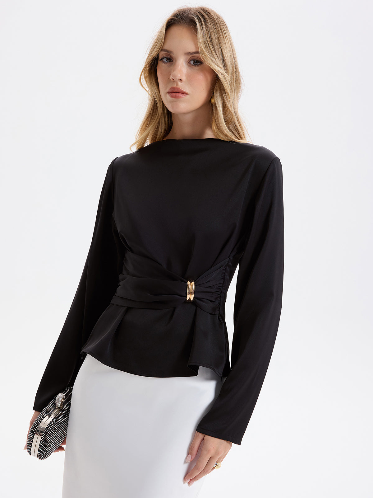 Metal Detail Ruched Waist Satin Blouse