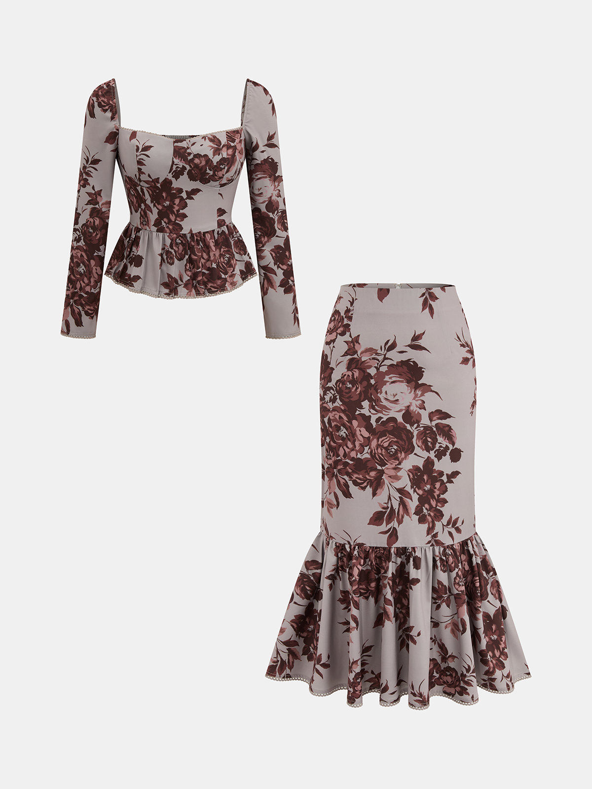 Floral Print Peplum Top & Mermaid Skirt Set