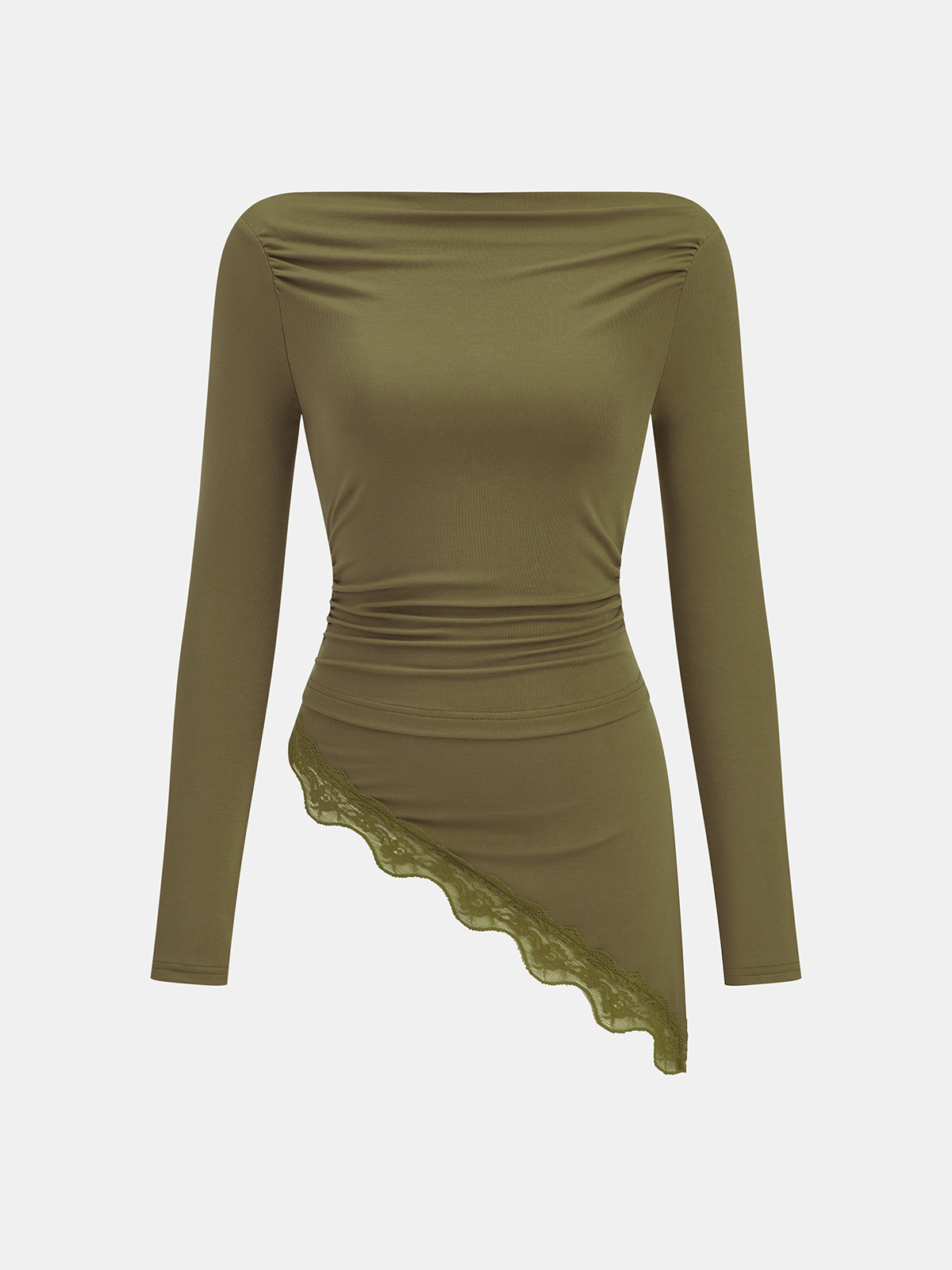 Lace Trim Asymmetric Hem Boat Neck Top