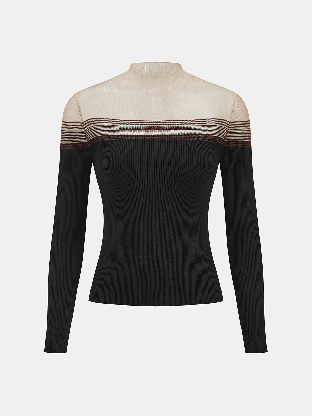 Sheer Panel Mock Neck Ribbed Knit Top